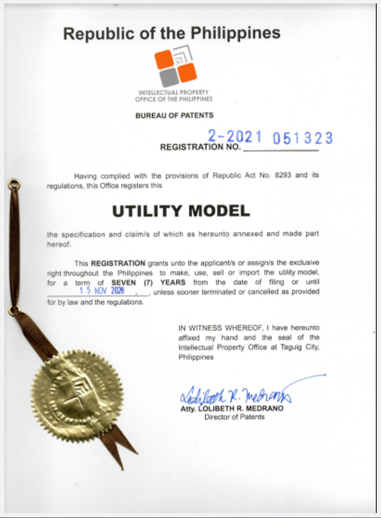 Cockxing utility model registration from the Intellectual Property Office of the Philippines