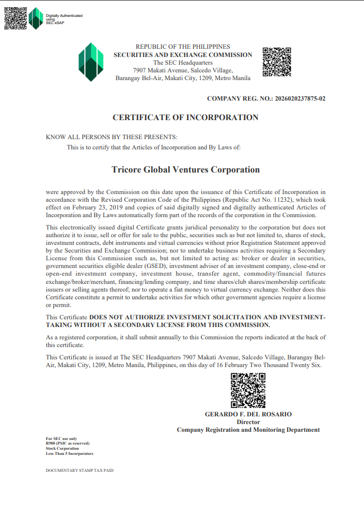 Tricore Global Ventures Corporation SEC certificate of incorporation